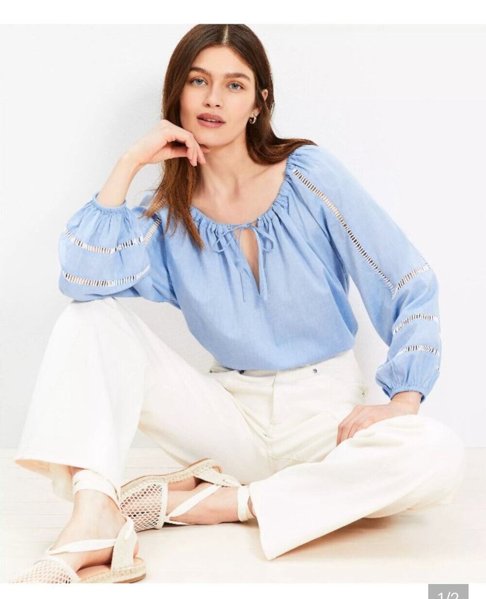 NWT Loft Chambray Peasant Blouse Blue Nautical Boho sz L
